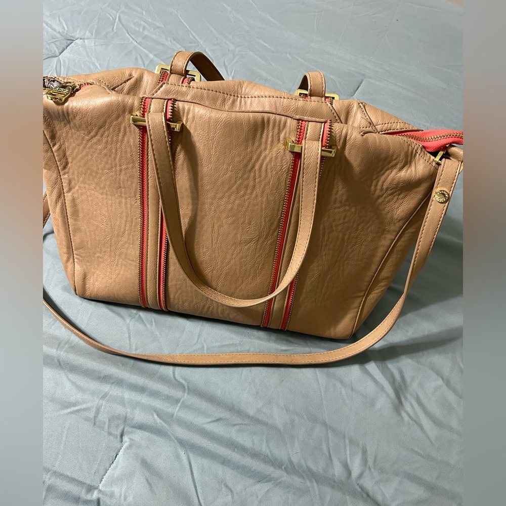 Steve Madden Tan Crossbody Tote with Coral Trim